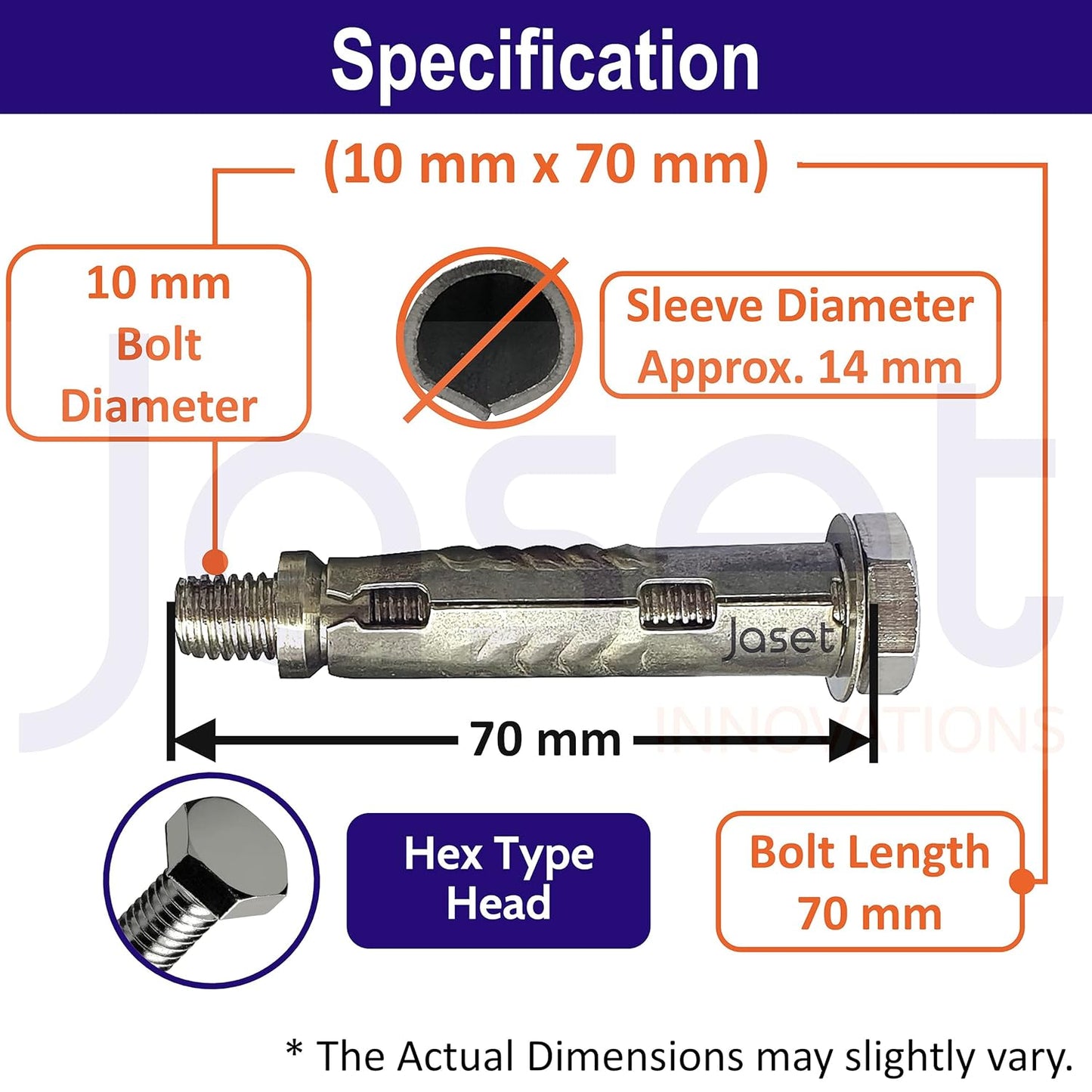 Stainless Steel Anchor Fasteners - 304 Grade Rust Proof - Expansion Type - Hex Head Bolt - 10mm Bolt Diameter, 70mm Length (Pack of 4 Pieces)