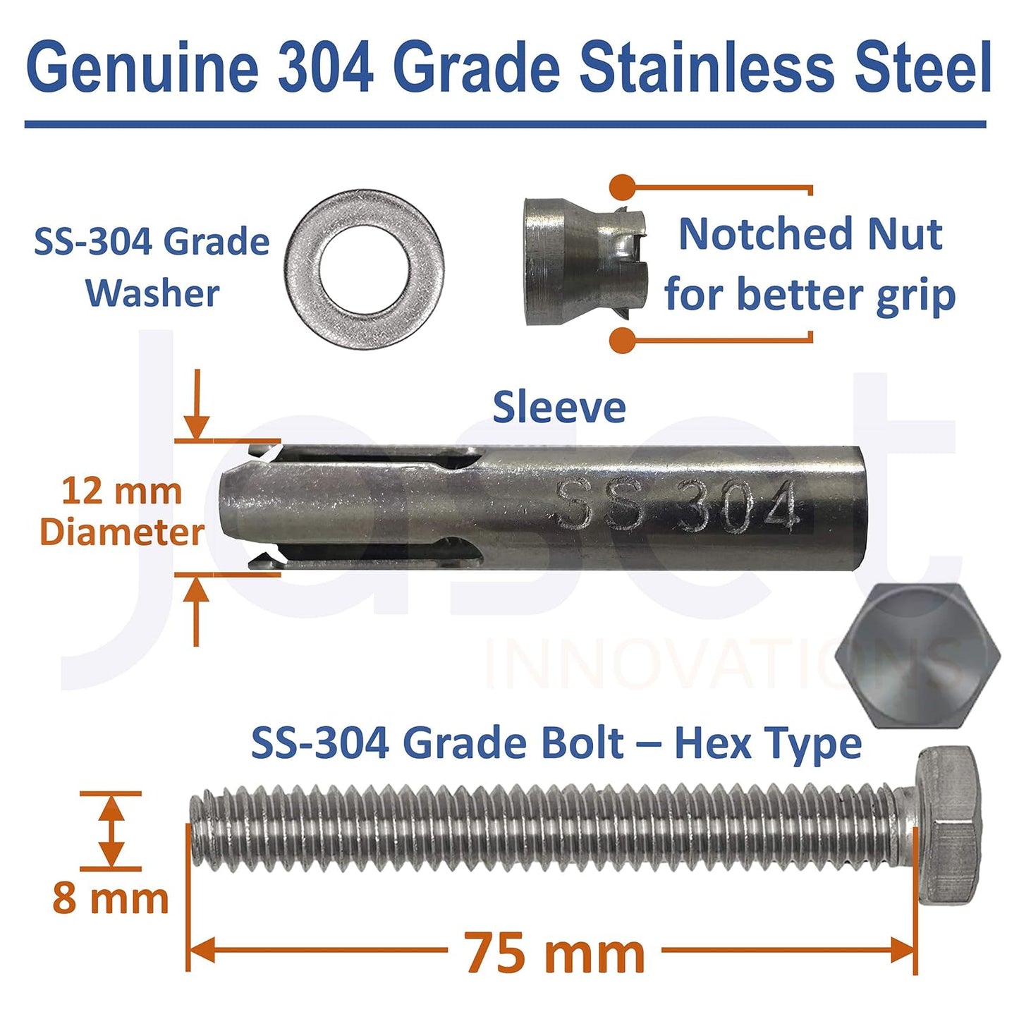 Stainless Steel Anchor Fastener – 304 Grade Rust Proof – Expansion Type – 8mm Bolt, 75mm Length – Pack of 5 pieces