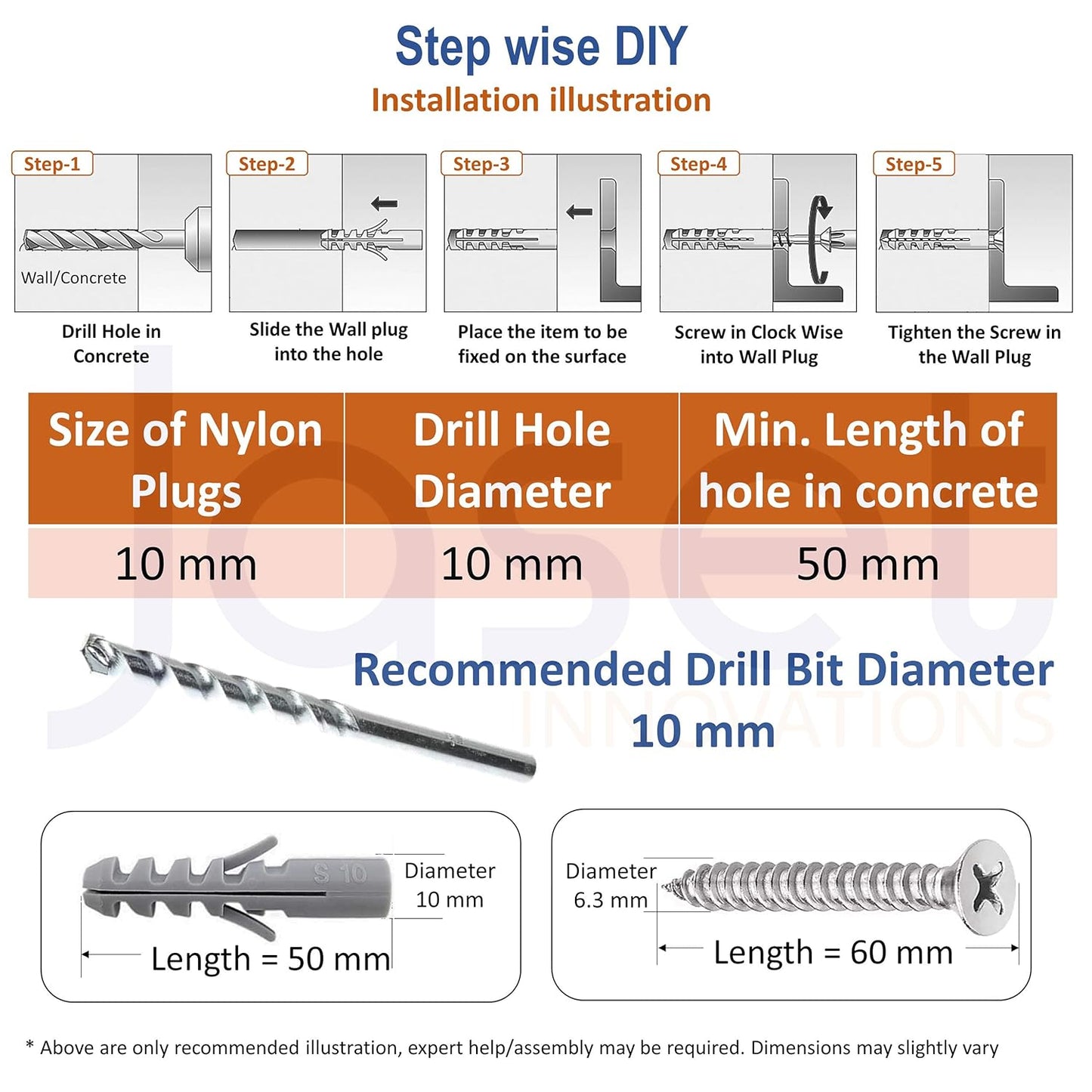 Nylon Wall Plugs/Gitti, Stainless Steel Screws (202G) Flat Phillips Head Counter Sunk (CSK) Type and Washers - Set of 30pcs